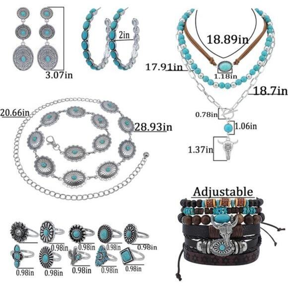 15 PCs Western Concho Belt Cowgirl Necklace, Dangle Earrings Rins Jewelry set